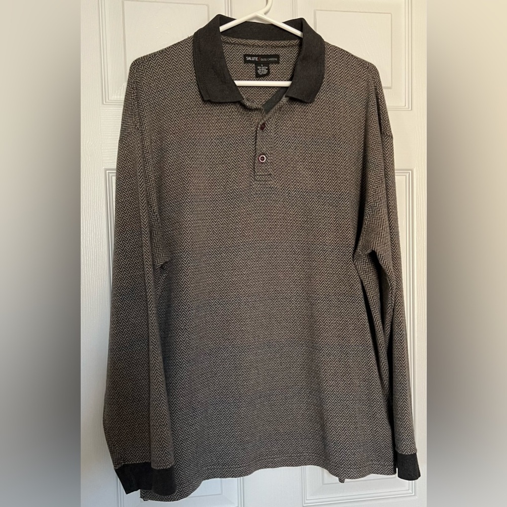 VTG Oleg Cassini Salute Black Gray Herringbone Long Sleeve Polo Shirt Cotton LG